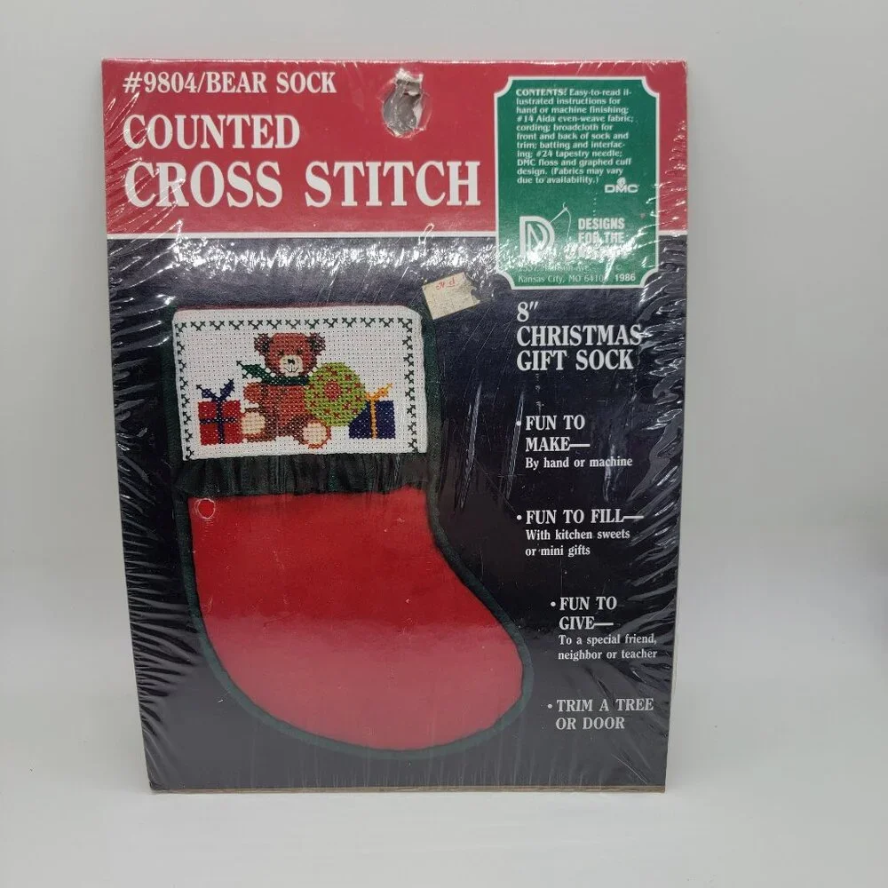 Vintage Counted Cross Stitch Christmas Bear Sock Stocking #9804 DMC Designs Gift - Picture 1 of 12